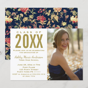 Vintage Floral Blue Gold Graduation Party Photo Invitation