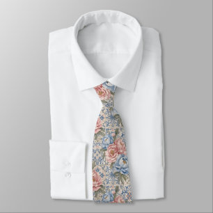 Vintage Floral Blue Pink Peony Tile Pattern Tie