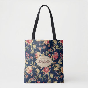 Vintage Floral Blue Rose Monogram & Name Tote Bag
