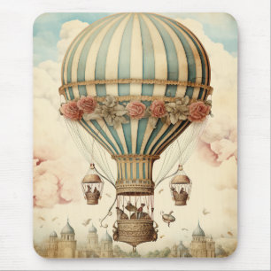 Vintage Floral Blue Stripe Hot Air Balloon Mouse Pad
