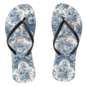 Vintage floral Blue toile de jouy monogram Flip Flops