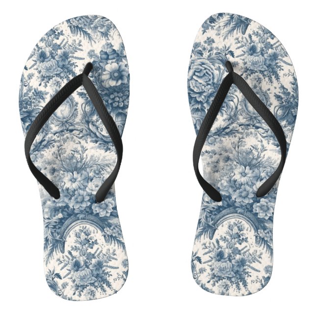 Vintage floral Blue toile de jouy monogram Flip Flops (Footbed)