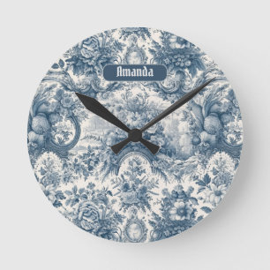 Vintage floral Blue toile de jouy monogram Round Clock