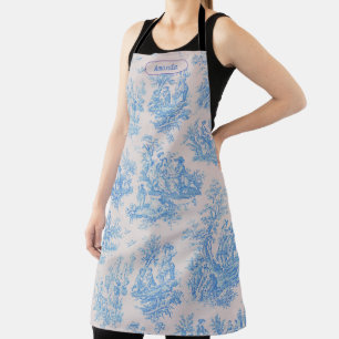 Vintage floral blue turquoise toile jouy monogram apron