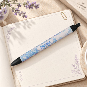 Vintage floral blue turquoise toile jouy monogram black ink pen