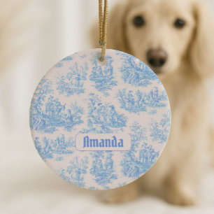 Vintage floral blue turquoise toile jouy monogram ceramic ornament