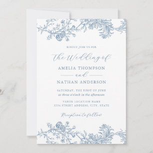Vintage Floral Blue Wedding Invitation