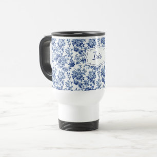 Vintage Floral Blue White Personalized Travel Mug