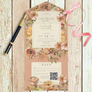 Vintage Floral Blush Pink & Rust QR Code All In One Invitation