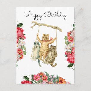 Vintage Floral Boho Watercolor Cats Happy Birthday Postcard