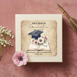 Vintage Floral Book Graduation Cap Thank You Favor Square Sticker