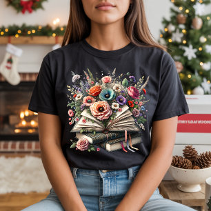 Vintage Floral Book Stack Illustration T-Shirt