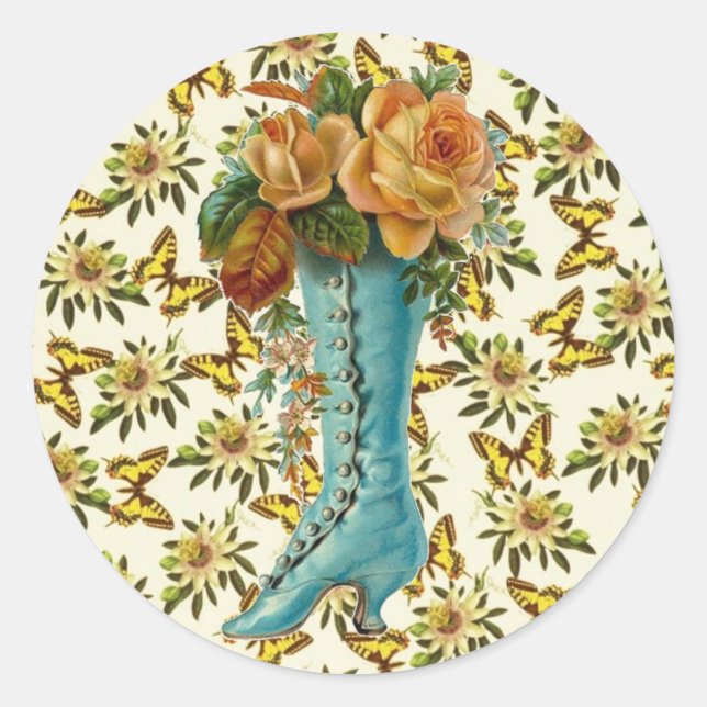 Vintage Floral Boot Classic Round Sticker (Front)