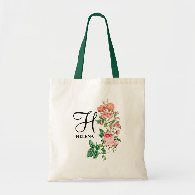 Vintage Floral Botanical Customized Monogram Tote Bag (Front)