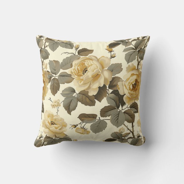Vintage Floral Botanical Yellow Roses Throw Pillow (Back)