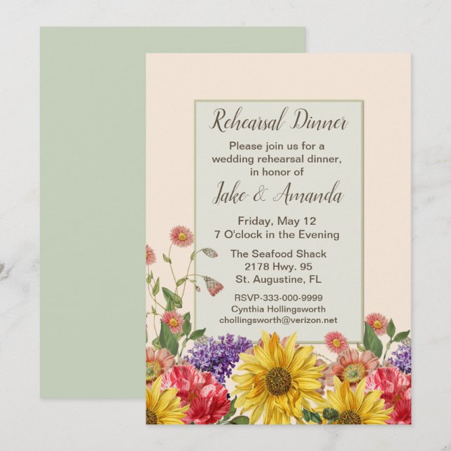 Vintage Floral Botanicals Wedding Rehearsal Dinner Invitation (Front/Back)