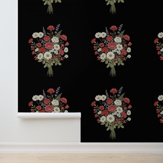 Vintage Floral Bouquet Black Textured  Wallpaper (Application)