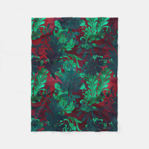 Vintage Floral  Bright Burgundy Emerald Green Fleece Blanket