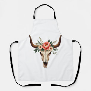 Vintage Floral Bull Skull Boho Western Botanical I Apron