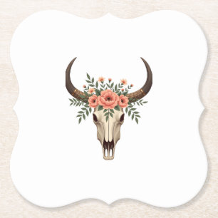 Vintage Floral Bull Skull Boho Western Botanical I Paper Coaster