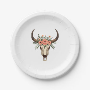 Vintage Floral Bull Skull Boho Western Botanical I Paper Plate