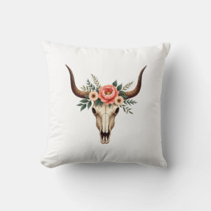 Vintage Floral Bull Skull Boho Western Botanical I Throw Pillow