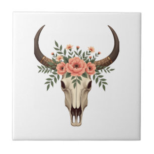 Vintage Floral Bull Skull Boho Western Botanical I Tile