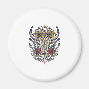 Vintage Floral Bull Skull Western Magnet