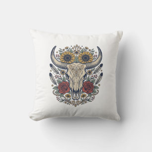 Vintage Floral Bull Skull Western Throw Pillow
