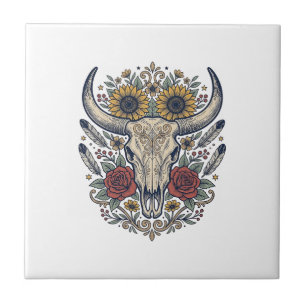 Vintage Floral Bull Skull Western Tile