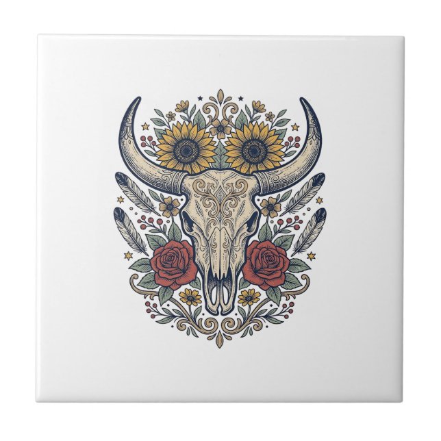 Vintage Floral Bull Skull Western Tile (Front)