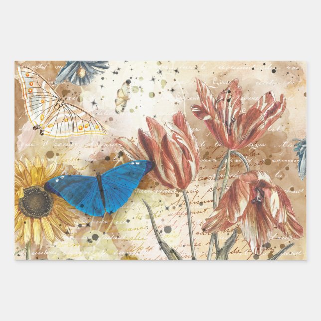 Vintage Floral Butterfly Decoupage Wrapping Paper Sheet (Front)