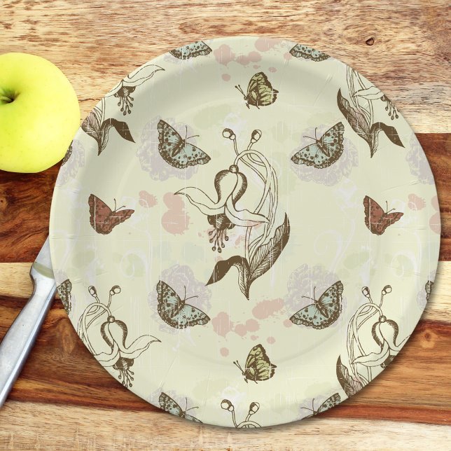 Vintage Floral Butterfly Pattern Paper Plate (Creator Uploaded)