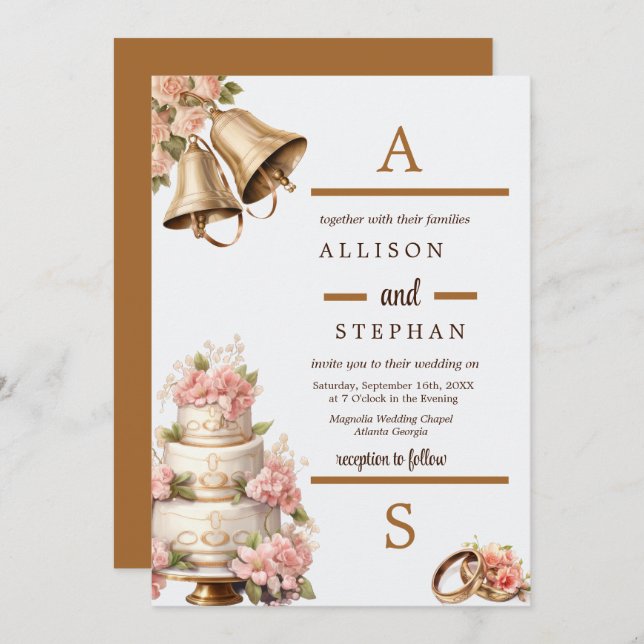 Vintage Floral Cake Wedding Bells Invitation (Front/Back)