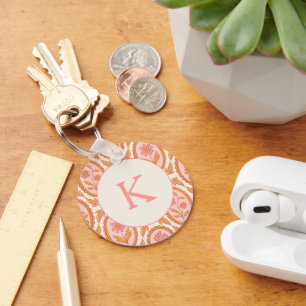Vintage Floral Cameo Pattern In Pink & Orange Keychain
