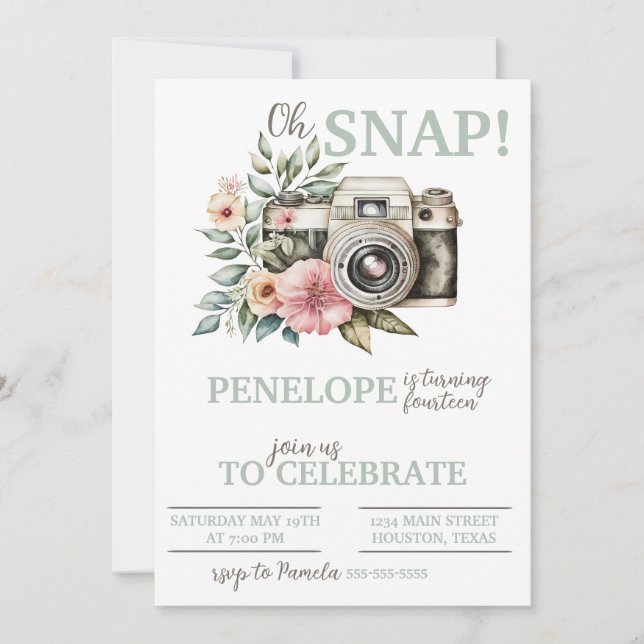 Vintage Floral Camera Birthday Party Invitation (Front)