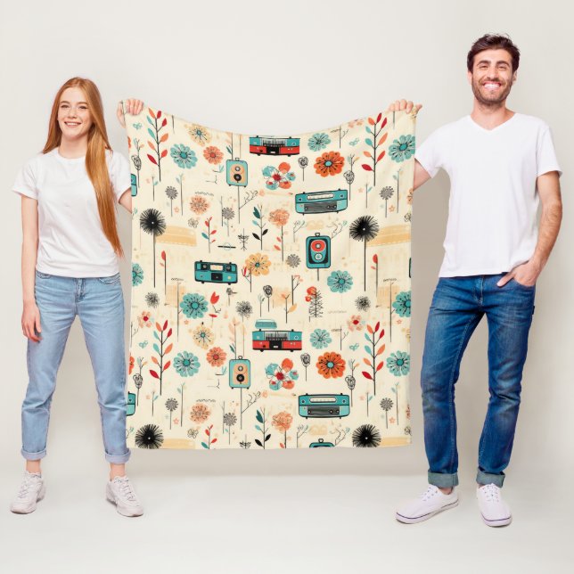 Vintage Floral & Camera Pattern (2) Fleece Blanket (In Situ)
