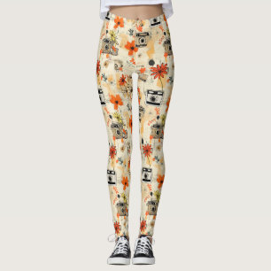 Vintage Floral & Camera Pattern (5) Leggings