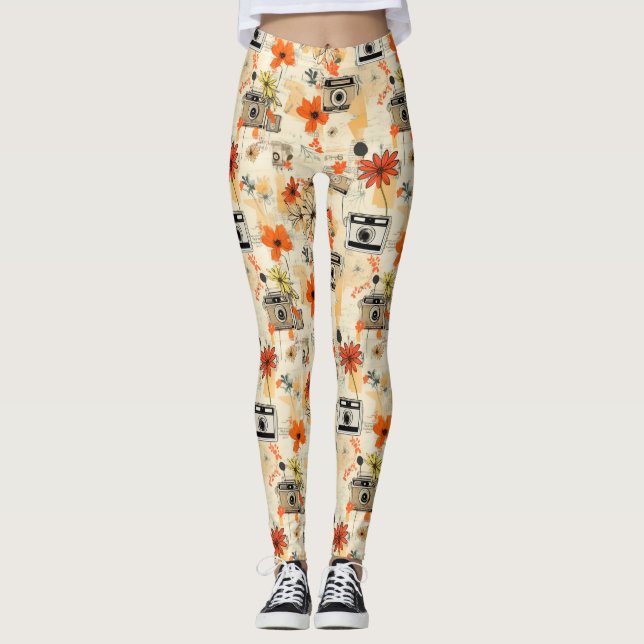 Vintage Floral & Camera Pattern (5) Leggings (Front)