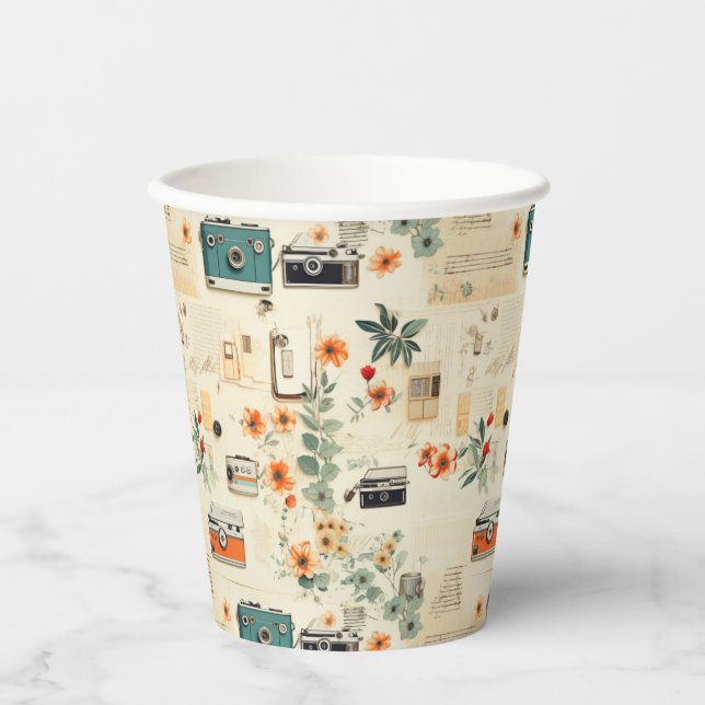 Vintage Floral & Camera Pattern (6) Paper Cups (Front)