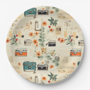 Vintage Floral & Camera Pattern (6) Paper Plate