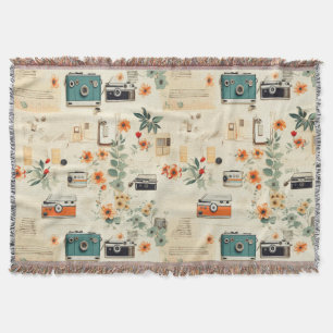 Vintage Floral & Camera Pattern (6) Throw Blanket