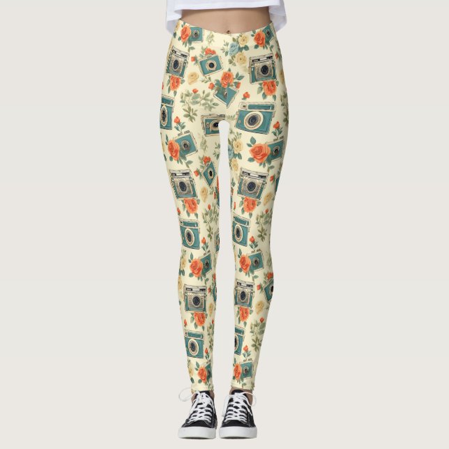Vintage Floral & Camera Pattern Leggings (Front)