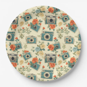 Vintage Floral & Camera Pattern Paper Plate