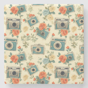 Vintage Floral & Camera Pattern Stone Coaster