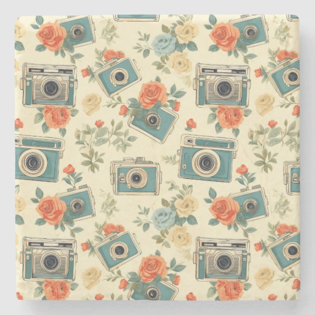 Vintage Floral & Camera Pattern Stone Coaster (Front)