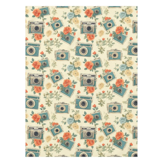 Vintage Floral & Camera Pattern Tablecloth (Front)