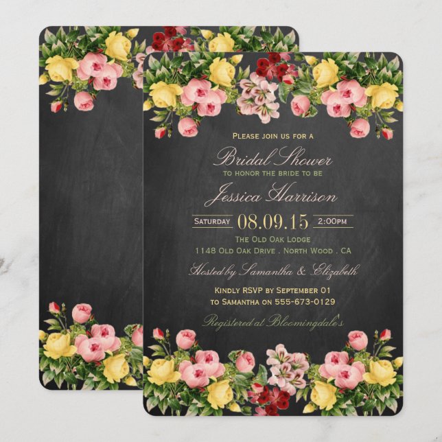 Vintage Floral Chalkboard Bridal Shower Invitation (Front/Back)