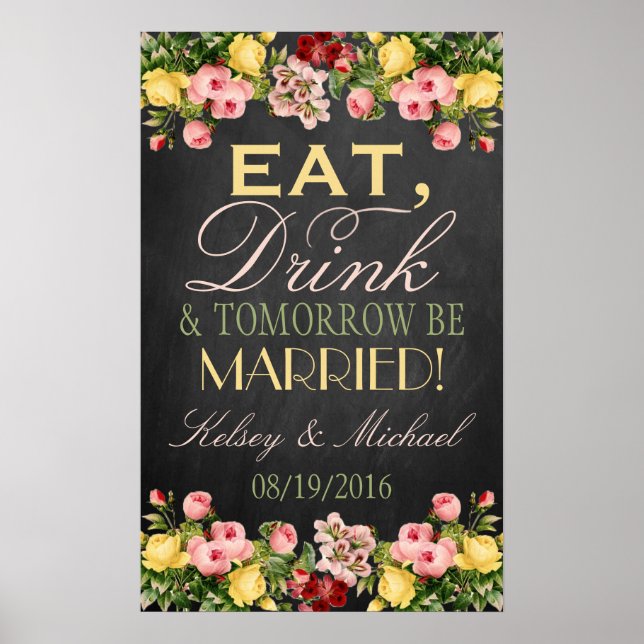 Vintage Floral Chalkboard Wedding Welcome Sign (Front)