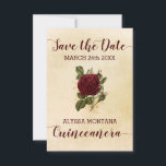 Vintage Floral Champagne Burgundy Rose Quinceanera Save The Date<br><div class="desc">Save the Date Card for your Quinceanera celebration. This design has a vintage champagne background with a rose corsage in burgundy red and gold. Save the Date and Quinceanera are lettered in handwritten script, whilst your important date and name can be printed in uppercase typography. The back of the card...</div>